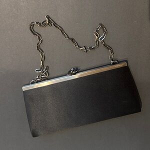 Elevated Black Satin Clutch with Exquisite Clasp detail and Chain Strap